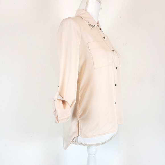 NEW!! Pink Owl Blouse SIZE M Skull Novelty Roll Tab Sleeve Chiffon Tunic Top - Picture 5 of 13